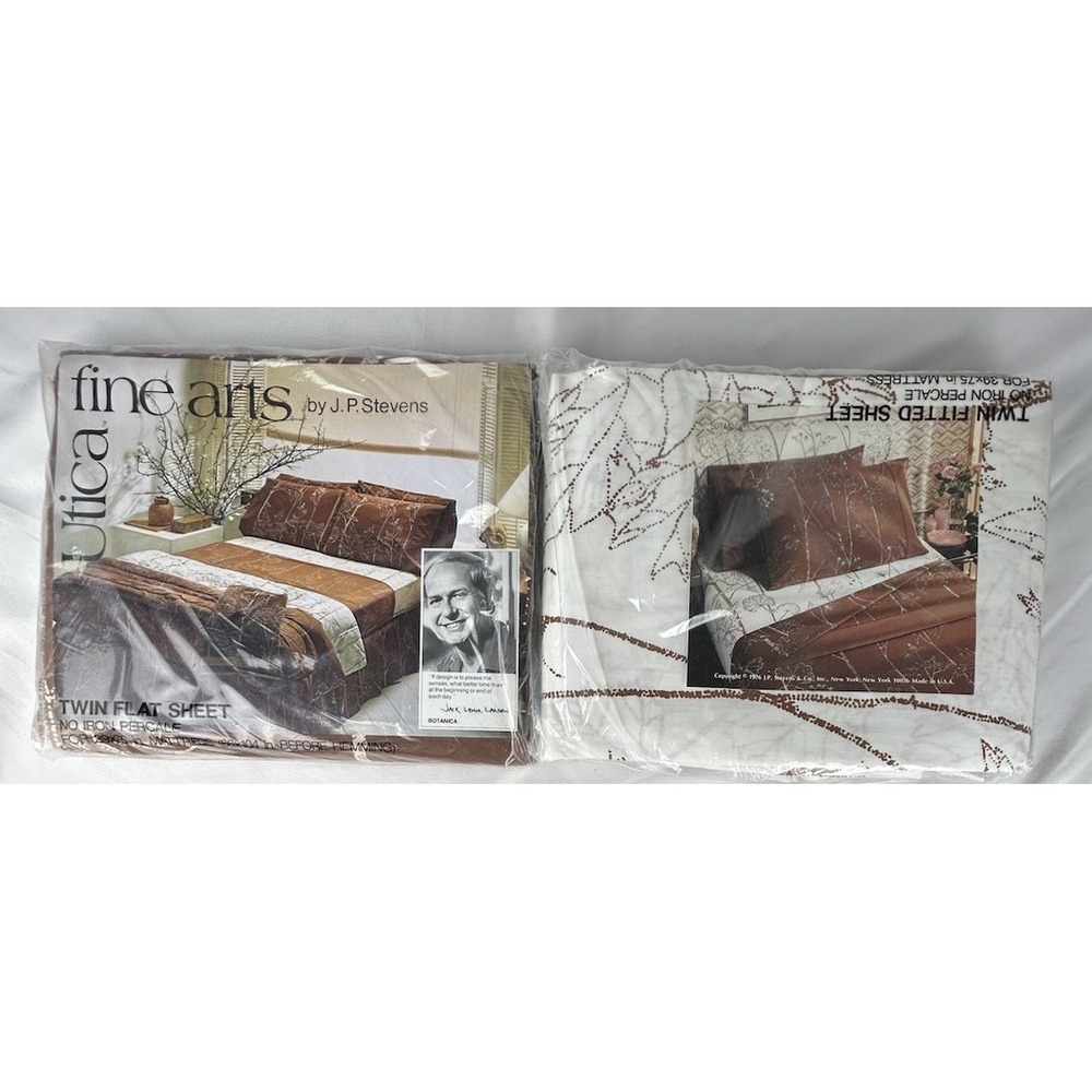 NEW Vtg Utica Stevens Fine Arts Twin Flat Fitted Jack Lenor Larsen Brown Leaves